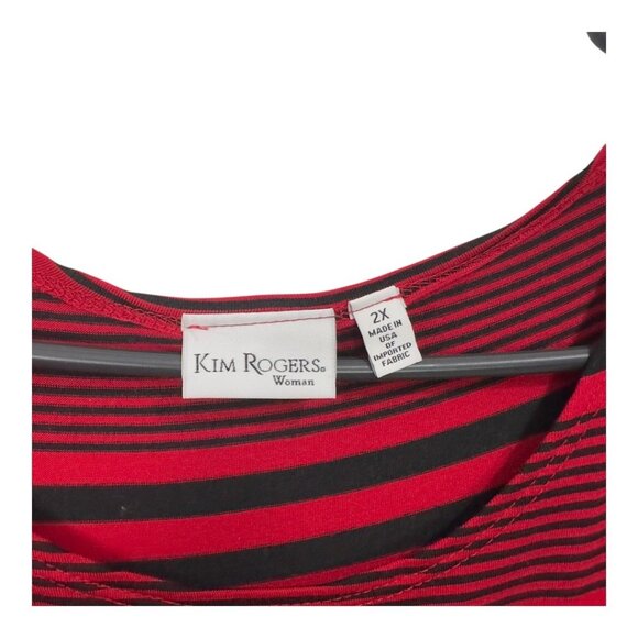 Kim Rogers Woman SZ 2X Red & Black Striped 3/4 Sleeve Tunic Top Asimetric hem - Picture 3 of 9